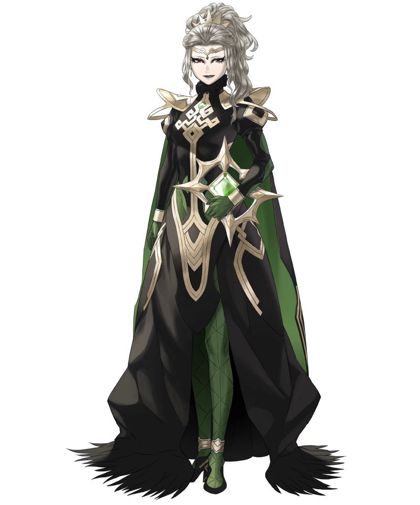 1girl, black_dress, book, cape, closed_mouth, dress, fire_emblem, fire_emblem_heroes, fishnet_legwear, fishnets, full_body, gloves, gold_trim, green_legwear, hair_ornament, high_heels, highres, holding, holding_book, jewelry, kozaki_yuusuke, letizia_(fire_emblem), long_hair, long_sleeves, looking_at_viewer, makeup, nintendo, official_art, ponytail, puffy_sleeves, red_eyes, silver_hair, smile, solo, standing, tiara, transparent_background, turtleneck