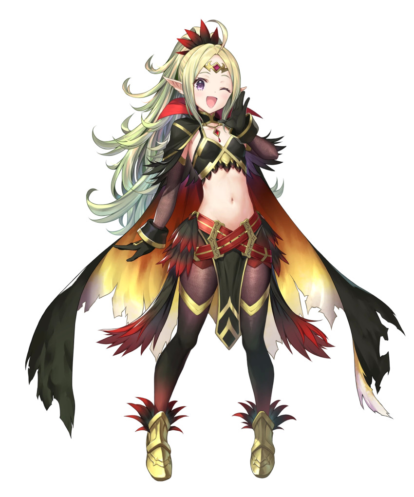 1girl, ahoge, alternate_costume, belt, black_gloves, blonde_hair, cape, feather_trim, feathers, fire_emblem, fire_emblem_awakening, fire_emblem_heroes, flat_chest, gloves, gold_trim, gradient_clothes, gradient_hair, green_hair, highres, jewelry, kousei_horiguchi, long_hair, midriff, multicolored_hair, multiple_belts, navel, nintendo, nowi_(fire_emblem), nowi_(resplendent)_(fire_emblem), official_alternate_costume, official_art, pantyhose, parted_bangs, pelvic_curtain, pointy_ears, ponytail, purple_eyes, stomach, tiara, transparent_background