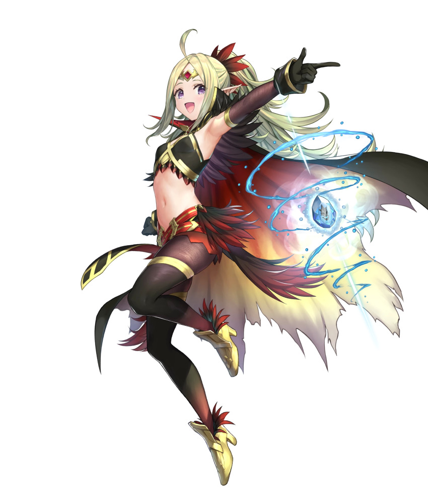 1girl, ahoge, belt, black_gloves, blonde_hair, cape, feather_trim, feathers