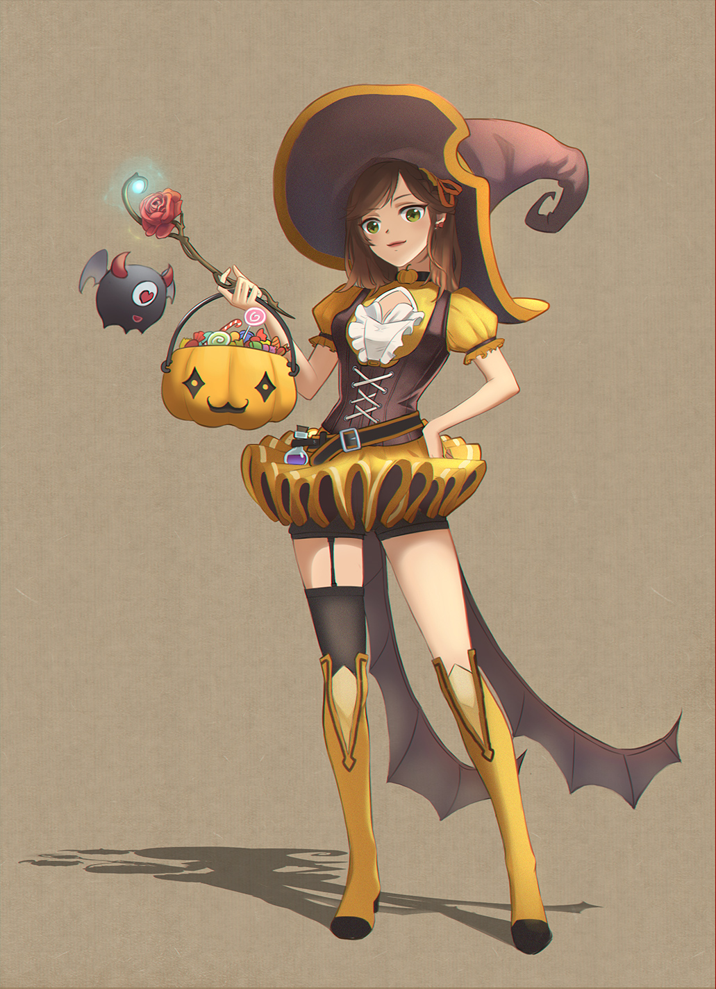 1girl, black_thighhighs, boots, brown_background, brown_hair, candy, closed_mouth, demon, did_shushu_draw_today?_(user_pnjm8342), dress, earrings, flower, food, full_body, green_eyes, halloween, halloween_bucket, halloween_costume, hand_on_own_hip, hat, highres, holding, holding_flower, jewelry, lipstick, long_hair, looking_at_viewer, makeup, red_flower, red_rose, rosa_(tears_of_themis), rose, shadow, short_sleeves, simple_background, single_thighhigh, smile, solo, standing, tears_of_themis, thigh_boots, thighhighs, witch, witch_hat, yellow_boots, yellow_dress