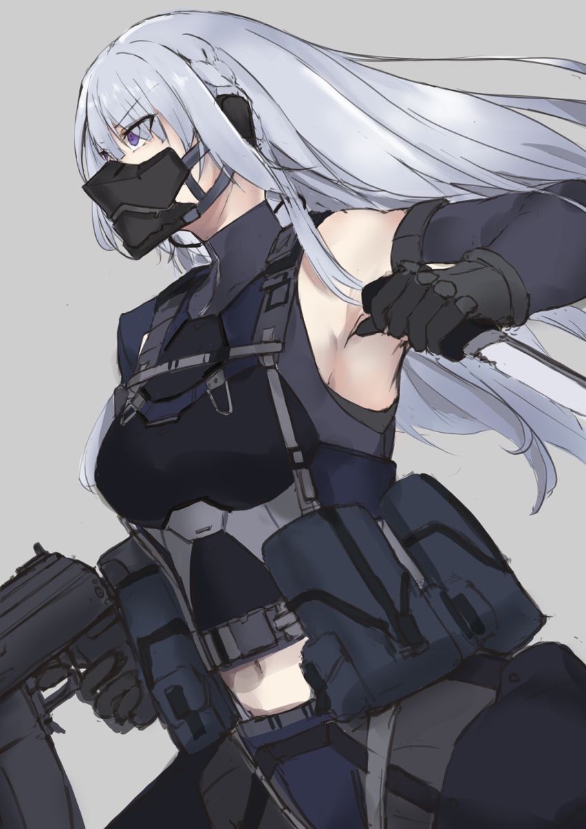 1girl, ak-15, ak-15_(girls'_frontline), assault_rifle, belt, gas_mask, girls'_frontline, gloves, gun, hair_over_one_eye, highres, holding, holding_weapon, kalashnikov_rifle, knife, long_hair, marche_mk14, mask, midriff, navel, one_eye_covered, purple_eyes, respirator, rifle, silver_hair, solo, tactical_clothes, utility_belt, very_long_hair, weapon