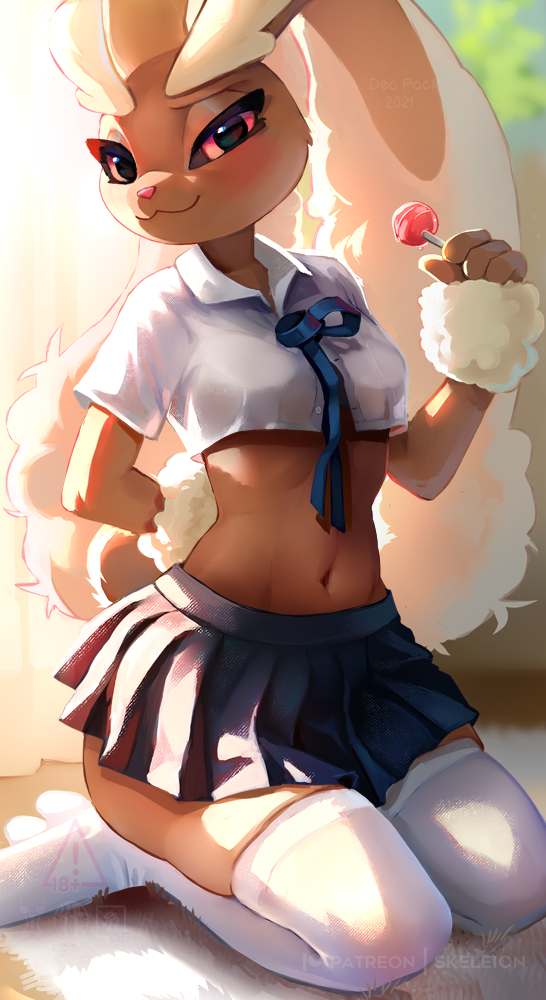 1girl, :3, animal_nose, arm_behind_back, artist_name, backlighting, black_sclera, blue_ribbon, blue_skirt, blurry, blurry_background, blush, body_fur, breasts, brown_fur, candy, closed_mouth, collared_shirt, colored_sclera, crop_top, curtains, dated, english_text, female_focus, food, full_body, furry, furry_female, gen_4_pokemon, half-closed_eyes, hand_up, happy, holding, holding_candy, holding_food, indoors, kneeling, lollipop, looking_at_viewer, lopunny, miniskirt, navel, neck_ribbon, nintendo, orange_eyes, patreon_logo, patreon_username, pleated_skirt, pokemon, pokemon_(creature), rabbit_ears, rabbit_girl, rabbit_tail, raised_eyebrow, red_eyes, ribbon, school_uniform, see-through_clothes, shirt, short_sleeves, sitting, skeleion, skindentation, skirt, small_breasts, smile, snout, solo, stomach, thighhighs, two-tone_fur, watermark, white_shirt, white_thighhighs, yellow_fur