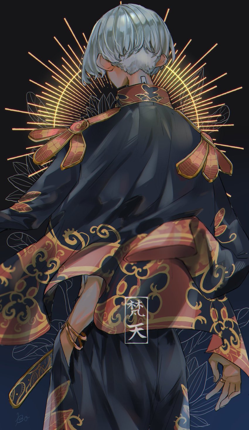 1boy, absurdres, black_background, black_jacket, black_pants, bo_1125, cowboy_shot, facing_away