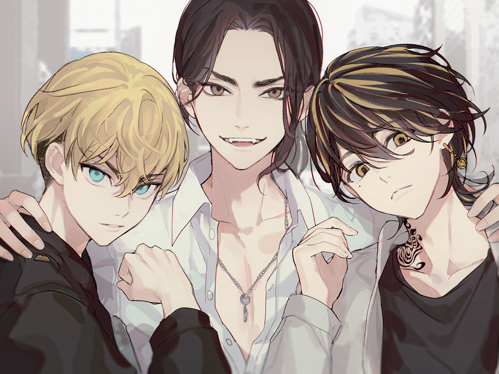 3boys, baji_keisuke, bell, black_eyes, black_hair, black_jacket, black_shirt, blonde_hair