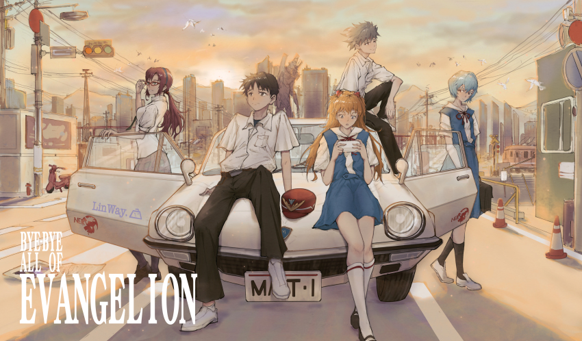 2boys, 3girls, :<, absurdres, adjusting_eyewear, artist_name, ayanami_rei, bird, black_footwear, black_hairband, black_legwear, black_necktie, black_panties, blue_dress, blue_eyes, blue_hair, breasts, brown_eyes, brown_hair, building, car, chinese_commentary, city, cloud, cloudy_sky, commentary_request, controller, copyright_name, dress, dusk, eva_01, expressionless, fire_hydrant, game_controller, glasses, hairband, handheld_game_console, hat, highres, holding, holding_controller, holding_game_controller, ikari_shinji, interface_headset_(evangelion), lamppost, linway, loafers, long_hair, looking_down, makinami_mari_illustrious, mary_janes, mazda, mazda_cosmo, mecha, medium_breasts, motor_vehicle, motorcycle, multiple_boys, multiple_girls, nagisa_kaworu, neck_ribbon, necktie, neon_genesis_evangelion, on_car, on_vehicle, open_door, open_window, orange_hair, panties, pantyhose, parted_lips, pinafore_dress, plaid_clothes, plaid_skirt, playing_games, playing_video_games, power_lines, rebuild_of_evangelion, red-framed_eyewear, red_eyes, red_hair, red_headwear, red_ribbon, ribbon, road, road_sign, robot, school_uniform, scooter, shirt, shoes, short_hair, sign, silver_hair, sitting, skirt, sky, skyscraper, sleeveless, sleeveless_dress, souryuu_asuka_langley, standing, street, traffic_cone, traffic_light, train, twintails, underwear, unworn_hat, unworn_headwear, utility_pole, vespa, white_footwear, white_shirt, window