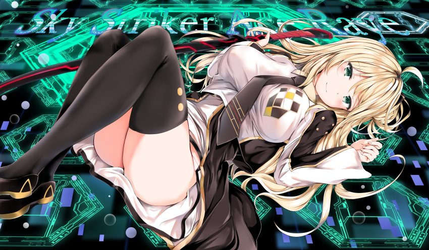 1girl, ahoge, ass, blonde_hair, breasts, clothes_lift, duel_monster, green_eyes