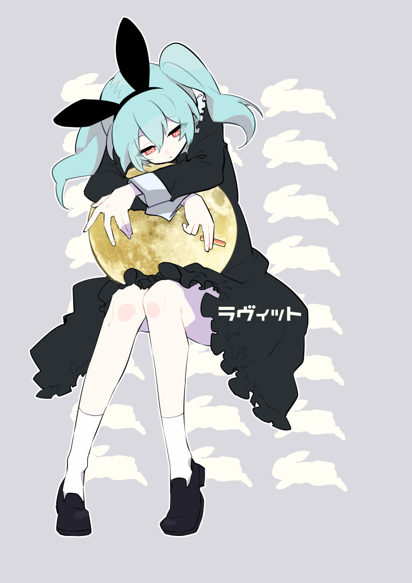 1girl, absurdres, black_dress, black_shoes, blue_hair, carrot_sticks, closed_mouth, commentary, copyright_name, dress, food, frilled_dress, frills, full_moon, grey_background, half-closed_eyes, hatsune_miku, highres, holding, holding_food, hugging_object, invisible_chair, long_sleeves, loveit_(vocaloid), moon, nekoma_hikaru, patterned_background, rabbit, red_eyes, shoes, sidelocks, sitting, sleeve_cuffs, socks, solo, twintails, vocaloid, white_socks