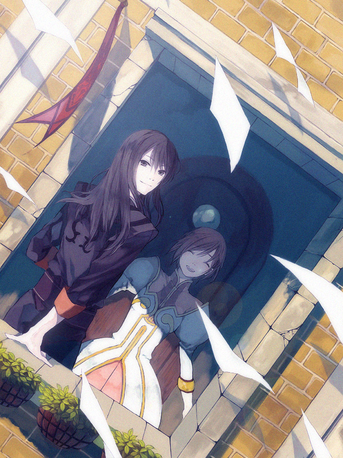 00s, 1boy, 1girl, black_eyes, black_hair, estellise_sidos_heurassein, long_hair, natsume_(ouchi)