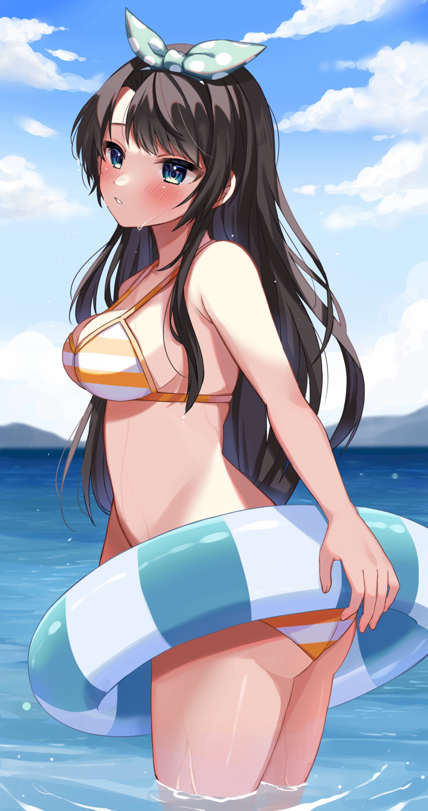 1girl, absurdres, alternate_hair_length, alternate_hairstyle, ass, bikini, black_hair, blue_eyes