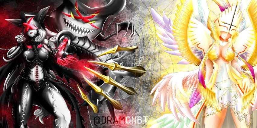2girls, absurdres, angel, angel_and_devil, angewomon, angewomon_x-antibody, claws, demon, digimon, highres, ladydevimon, ladydevimon_x-antibody, multiple_girls, sharp_teeth, teeth, wings