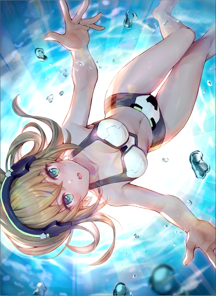 1girl, barefoot, bikini, blonde_hair, breasts, cleavage, floating_hair, green_eyes