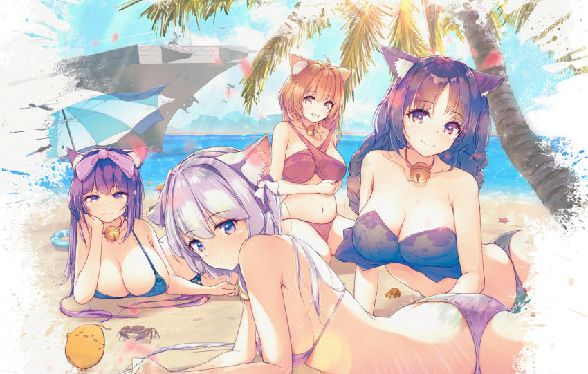 4girls, :3, animal_ear_fluff, animal_ears, arashio_(azur_lane), asashio_(azur_lane), azur_lane, beach