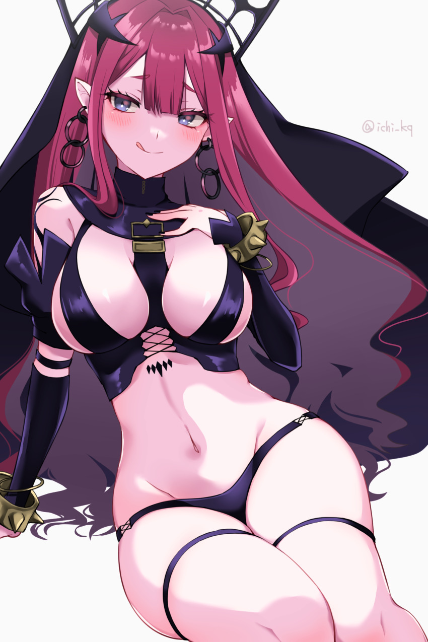 1girl, bare_shoulders, black_panties, bracelet, breasts, bridal_gauntlets, detached_sleeves, earrings