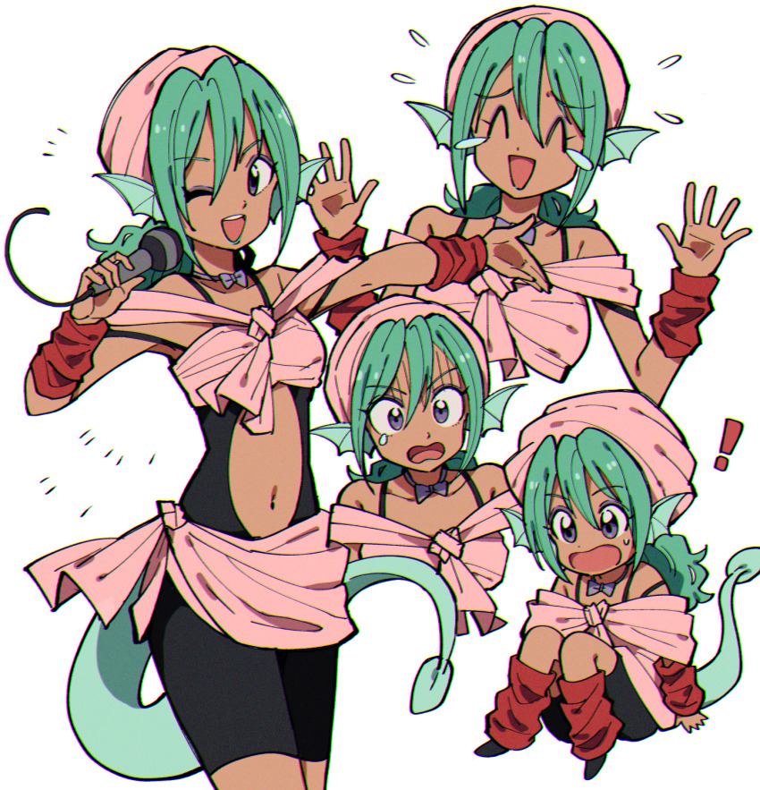 1girl, :d, ai_nige, aqua_hair, chromatic_aberration, closed_eyes, clothing_cutout, dark-skinned_female, dark_skin, female_focus, fins, head_fins, highres, holding, holding_microphone, juri_(yu_yu_hakusho), lipstick, makeup, microphone, navel, navel_cutout, one_eye_closed, open_mouth, pink_headwear, purple_eyes, simple_background, smile, solo, surprised, tail, white_background, yuu_yuu_hakusho