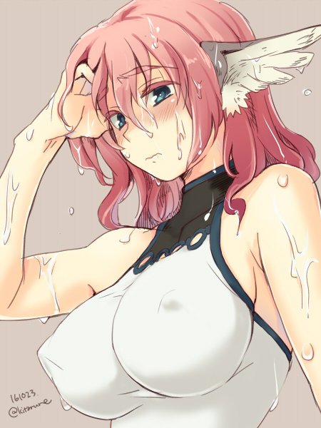 1girl, ainu_clothes, animal_ears, aquaplus, arm_up, bare_arms, bare_shoulders, blue_eyes