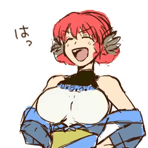 1girl, ainu_clothes, animal_ears, animated, animated_gif, aquaplus, bare_shoulders, bouncing_breasts, braid, breasts, closed_eyes, covered_collarbone, hair_between_eyes, hands_on_own_hips, kitarune, large_breasts, laughing, leotard, leotard_under_clothes, long_sleeves, lowres, nosuri, open_mouth, red_hair, sash, sidelocks, sleeveless, solo, teeth, tongue, upper_body, utawarerumono, utawarerumono:_itsuwari_no_kamen