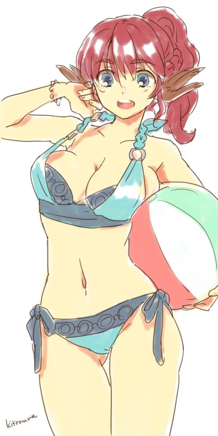 1girl, ainu_clothes, animal_ears, aquaplus, arm_up, ball, bare_arms, bare_shoulders