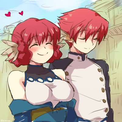 1boy, 1girl, ainu_clothes, animal_ears, aquaplus, bare_shoulders, blush, braid