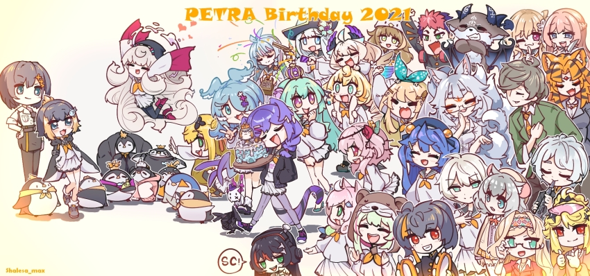 2boys, 6+girls, adjusting_eyewear, alternate_costume, animal_ears, animal_hood, annotation_request, ban_hada