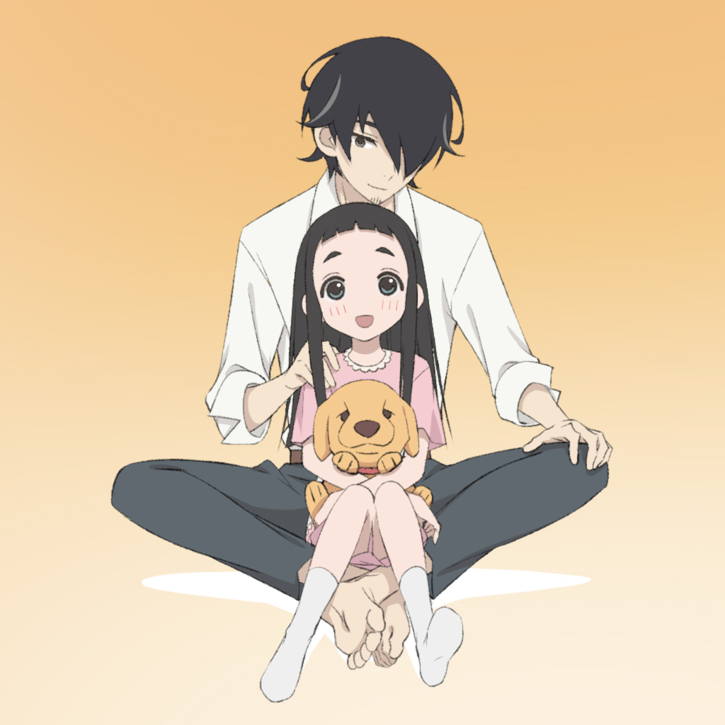1boy, 1girl, barefoot, black_hair, blush, collared_shirt, commentary_request, dress, facial_hair, father_and_child, father_and_daughter, full_body, goto_hime, goto_kakushi, gradient_background, hand_on_another's_shoulder, hime_cut, holding, holding_stuffed_toy, indian_style, kakushigoto, looking_at_another, looking_at_viewer, open_mouth, pants, parent_and_child, pink_dress, shirt, short_bangs, sitting, smile, socks, stubble, stuffed_animal, stuffed_dog, stuffed_toy, thick_eyebrows, toes, white_legwear, white_shirt, yamamoto_shuuhei