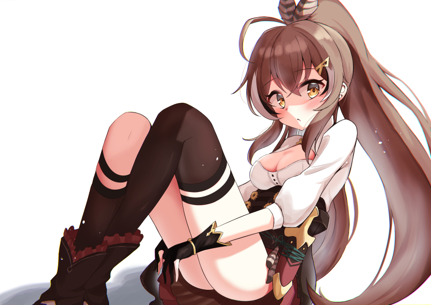 1girl, absurdres, batarop, breasts, brown_eyes, brown_hair, cleavage, corset