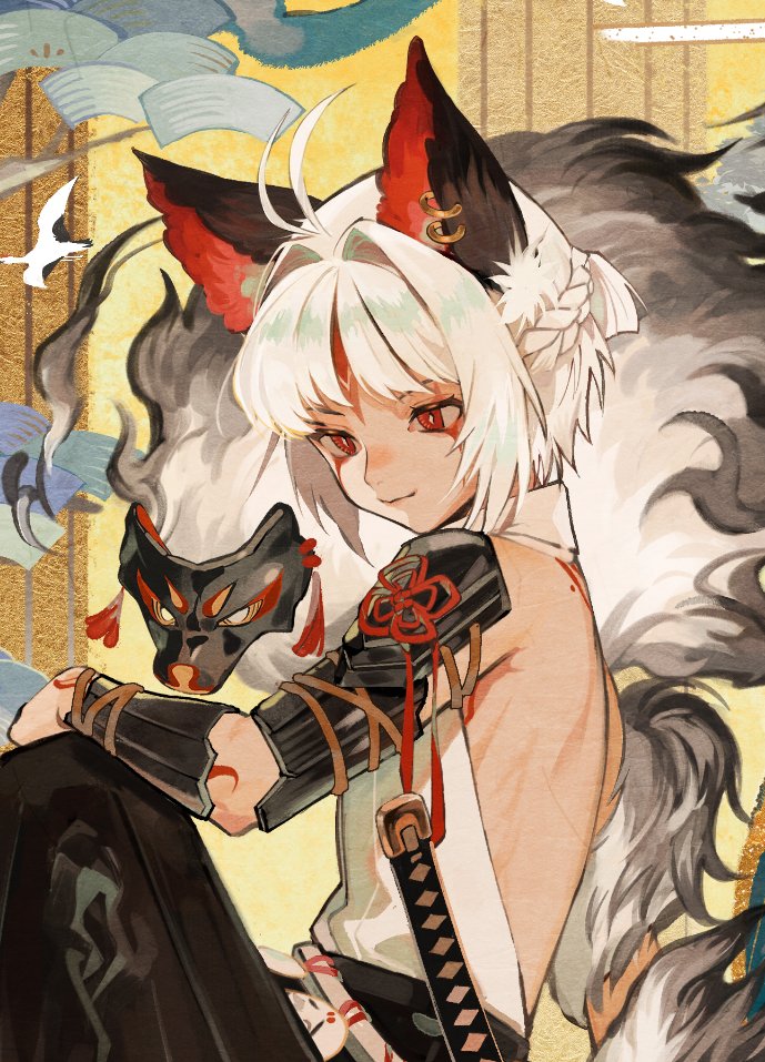 1boy, animal_ear_fluff, animal_ears, antenna_hair, arm_guards, arm_tattoo, back_tattoo, bare_back, bird, black_pants, braid, commentary, ear_piercing, facial_tattoo, fox_ears, fox_mask, from_side, hair_intakes, hakama, hakama_pants, hakuzousu_(onmyoji), hand_on_own_knee, hitodama, japanese_clothes, knee_up, looking_down, male_focus, mask, official_art, onmyoji, pants, piercing, ponytail, red_eyes, seigaiha, short_hair, short_ponytail, smile, solo, tattoo, tsubonari, upper_body, vambraces, white_hair, yellow_background