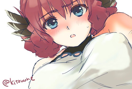 1girl, ainu_clothes, animal_ears, aquaplus, bare_arms, bare_shoulders, blue_eyes, blush, braid, breasts, covered_collarbone, covered_erect_nipples, from_below, hair_between_eyes, kitarune, large_breasts, leotard, looking_at_viewer, lowres, nose_blush, nosuri, open_mouth, raised_eyebrows, red_hair, sidelocks, signature, sleeveless, solo, sweat, sweatdrop, taut_clothes, taut_leotard, teeth, tongue, utawarerumono, utawarerumono:_itsuwari_no_kamen