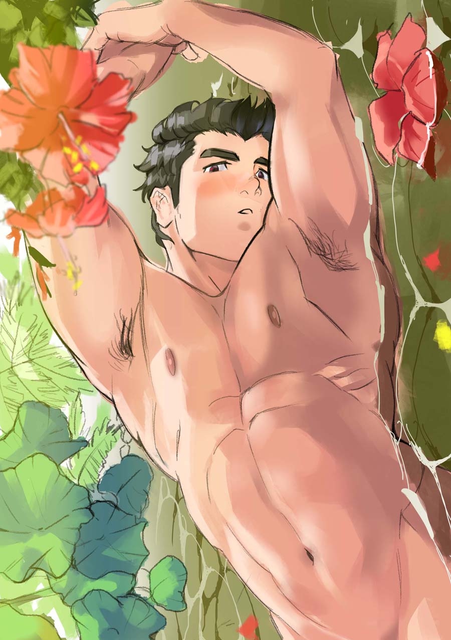 1boy, :o, abs, armpit_hair, armpits, arms_up, bara, black_hair