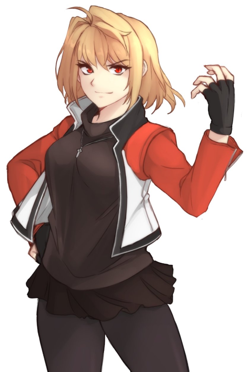 1girl, arcueid_brunestud, black_gloves, black_pantyhose, black_shirt, black_skirt, blonde_hair, closed_mouth, commentary, cosplay, cowboy_shot, english_commentary, fatal_fury, fingerless_gloves, garou:_mark_of_the_wolves, gloves, hair_intakes, hand_on_own_hip, highres, jacket, jewelry, long_sleeves, looking_at_viewer, melty_blood, melty_blood:_type_lumina, pantyhose, pendant, red_eyes, rock_howard, rock_howard_(cosplay), shirt, short_hair, simple_background, skirt, smile, solo, standing, the_king_of_fighters, tridisart, tsukihime, tsukihime_(remake), v-shaped_eyebrows, white_background