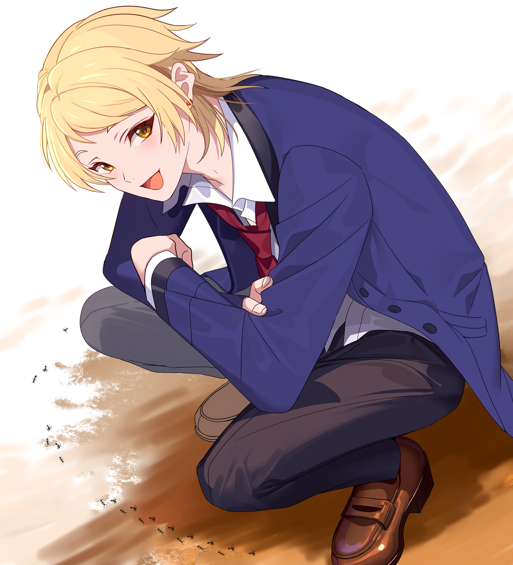 1boy, :d, ant, black_pants, blazer, blonde_hair, blue_jacket, blush
