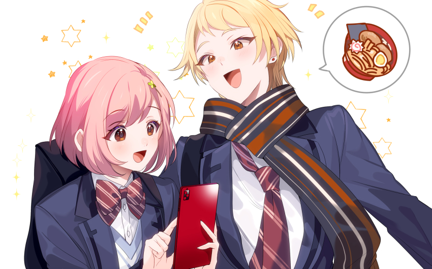 1boy, 1girl, :d, backpack, bag, blazer, blonde_hair, blush