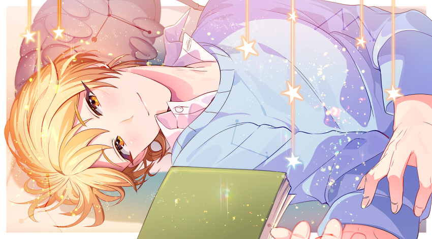 1boy, blue_sweater, book, collared_shirt, constellation, head_tilt, highres, honda_iku
