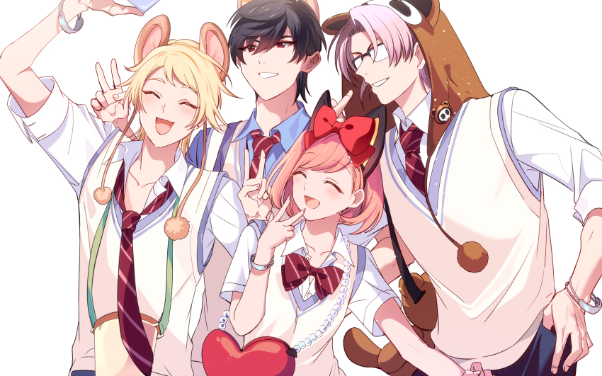 1girl, 3boys, :d, ^_^, animal_ears, animal_hood, arm_up, bag