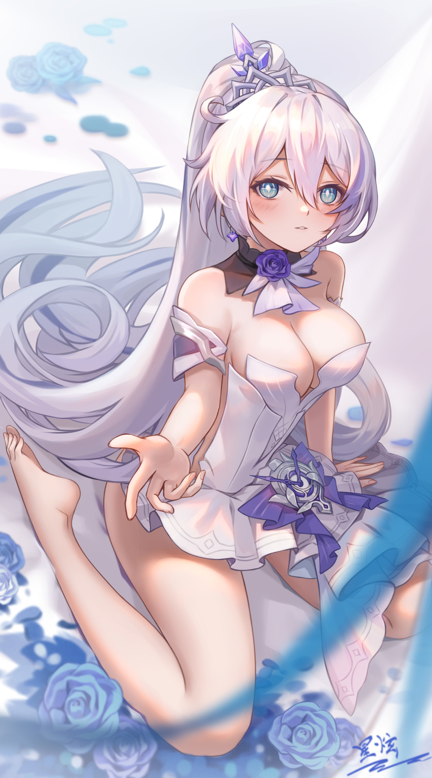 1girl, absurdres, barefoot, blue_eyes, blush, breasts, cleavage, feet