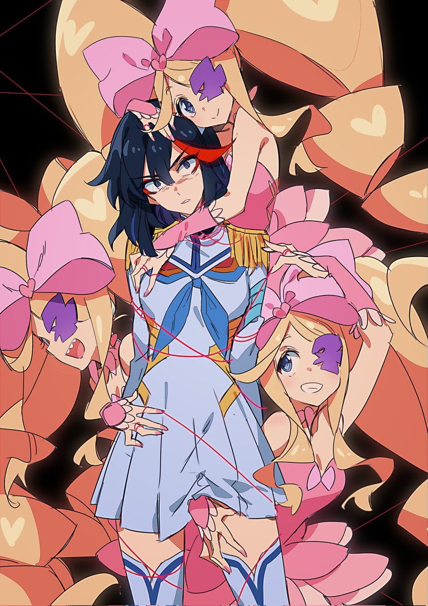 4girls, bare_shoulders, black_background, black_hair, blonde_hair, blue_eyes, bow, dress, eyepatch, hair_bow, hair_ornament, happy, harime_nui, highres, huge_0330, junketsu, kill_la_kill, korean_commentary, long_hair, looking_at_viewer, matoi_ryuuko, medium_hair, multicolored_hair, multiple_girls, multiple_persona, pink_bow, pink_dress, red_hair, sketch, smile, streaked_hair, thighhighs, twintails, two-tone_hair, uniform, very_long_hair