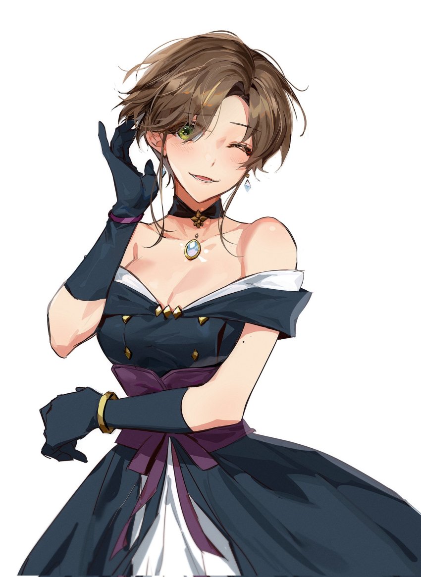 1girl, bare_shoulders, black_gloves, blush, bracelet, breasts, brown_hair, choker