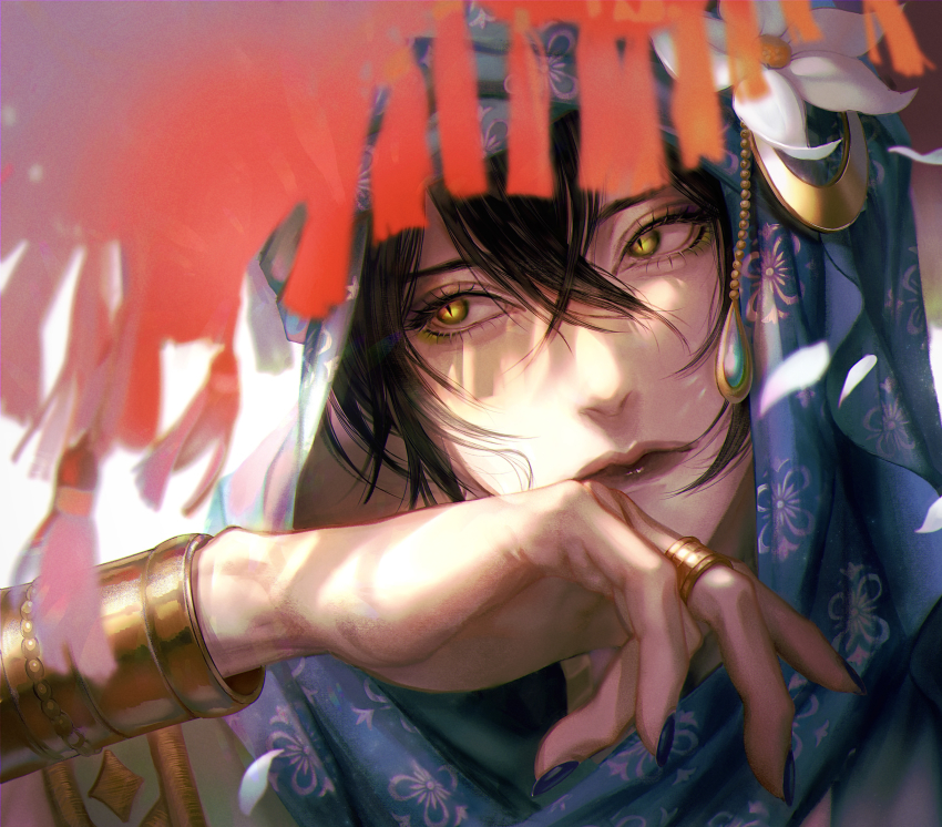 1boy, absurdres, black_hair, black_lips, blue_nails, blurry, bracer, closed_mouth, crossed_bangs, depth_of_field, eyeshadow, film_grain, flower, fringe_trim, gem, highres, hood, hood_up, jewelry, lips, looking_away, makeup, male_focus, malleus_draconia, malleus_draconia_(silk_adorned), nail_polish, oguraazuki186, petals, portrait, ring, shade, sideways_glance, simple_background, slit_pupils, solo, twisted_wonderland, white_flower, yellow_eyes