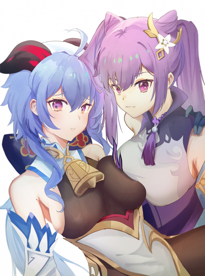 ahoge, asymmetrical_docking, bare_shoulders, bell, blue_hair, blush, bow, bowtie, breast_press, breasts, cone_hair_bun, detached_sleeves, dress, flower, ganyu_(genshin_impact), genshin_impact, gold_trim, hair_bun, hair_cone, hair_flower, hair_ornament, highres, horns, keqing_(genshin_impact), long_hair, looking_at_viewer, medium_breasts, multicolored_eyes, nattsume_(pantsuhead), neck_bell, neck_tassel, purple_dress, purple_eyes, purple_hair, sideboob, sidelocks, smile, tassel, twintails, upper_body, white_background, white_flower, white_sleeves