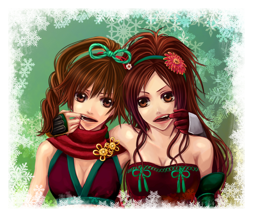 2girls, bare_shoulders, breasts, brown_eyes, brown_hair, christmas, cleavage, female_focus