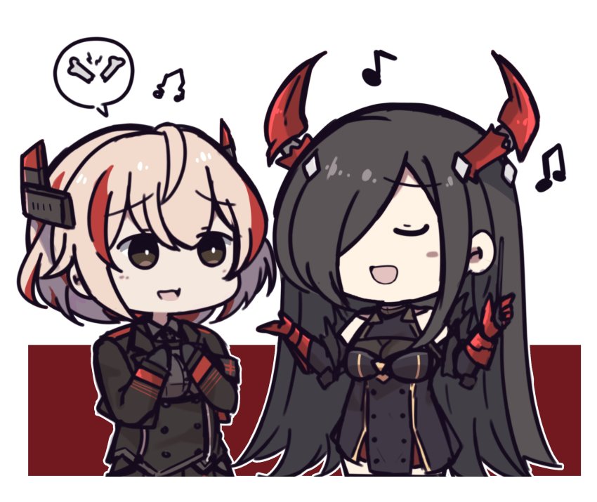 2girls, azur_lane, black_hair, blonde_hair, cheschorv, chibi, friedrich_der_grosse_(azur_lane), gloves