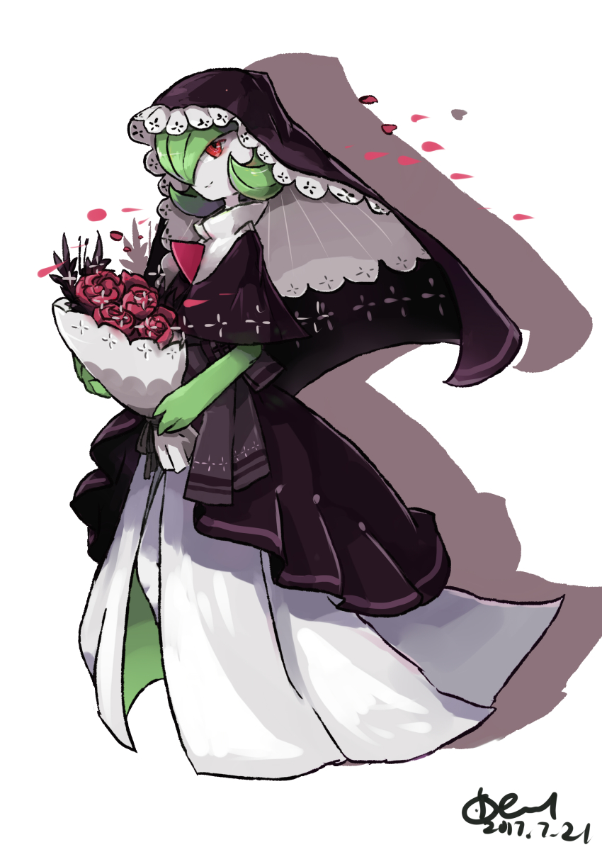 absurdres, bouquet, closed_mouth, clothed_pokemon, colored_skin, commentary_request, dated, flower, gardevoir, gen_3_pokemon, green_hair, highres, holding, holding_bouquet, mowang_yu, nintendo, petals, pokemon, pokemon_(creature), red_eyes, red_flower, short_hair, signature, smile, solo, standing, white_skin