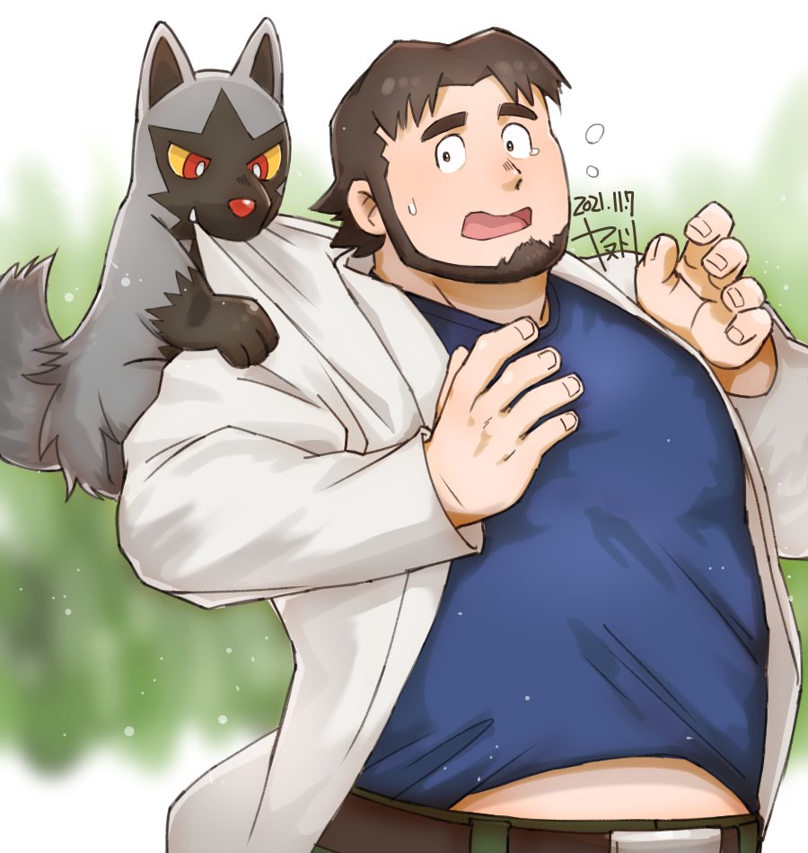 1boy, beard, belt, belt_buckle, professor_birch, blue_shirt, brown_belt, brown_hair, buckle, commentary_request, dated, facial_hair, fingernails, flying_sweatdrops, gen_3_pokemon, hands_up, lab_coat, male_focus, midriff_peek, nintendo, open_mouth, parted_bangs, pokemon, pokemon_(creature), pokemon_ruby/sapphire/emerald, poochyena, shirt, short_hair, signature, sweatdrop, tearing_up, tongue, yanutorie
