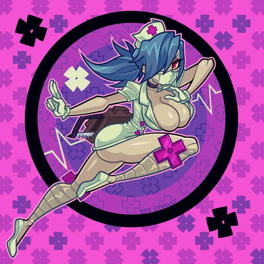 1girl, ass, blue_hair, bonesaw, breasts, choker, collarbone, from_side