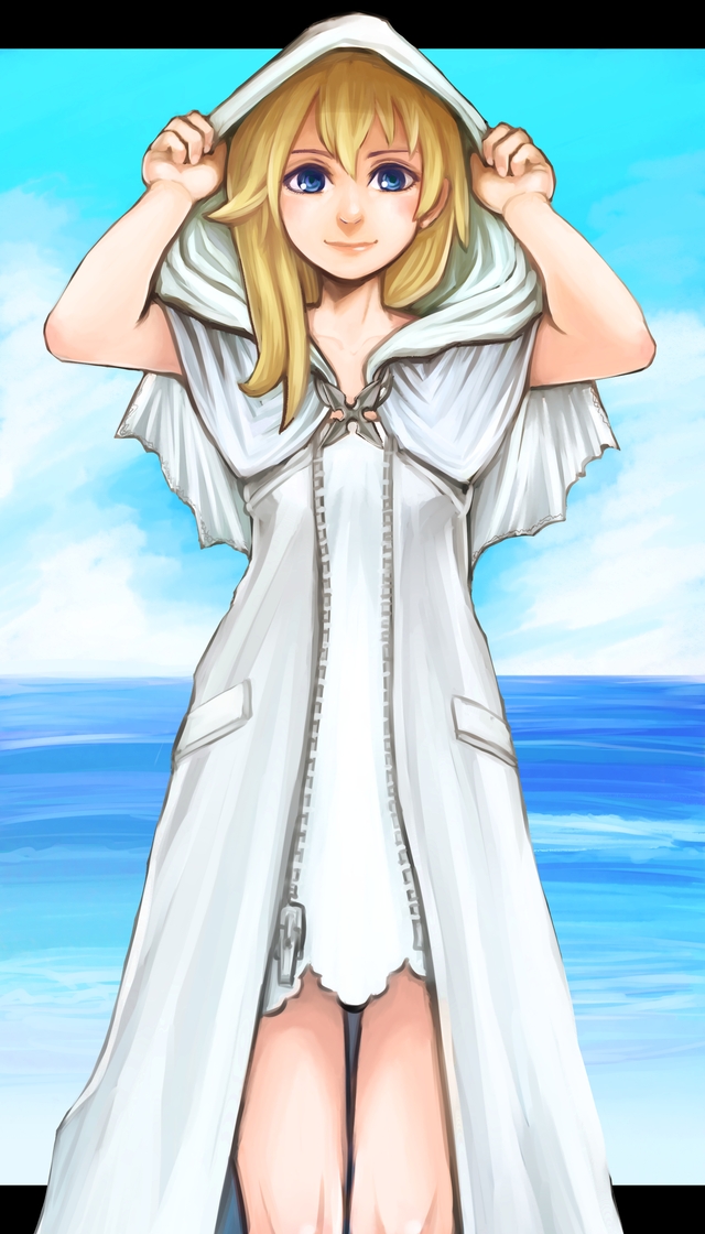 1girl, blonde_hair, blue_eyes, closed_mouth, cloud, dress, hood, hood_up, hoodie, kingdom_hearts, kingdom_hearts_ii, long_hair, looking_at_viewer, namine, shibe362, smile, solo, water, white_dress
