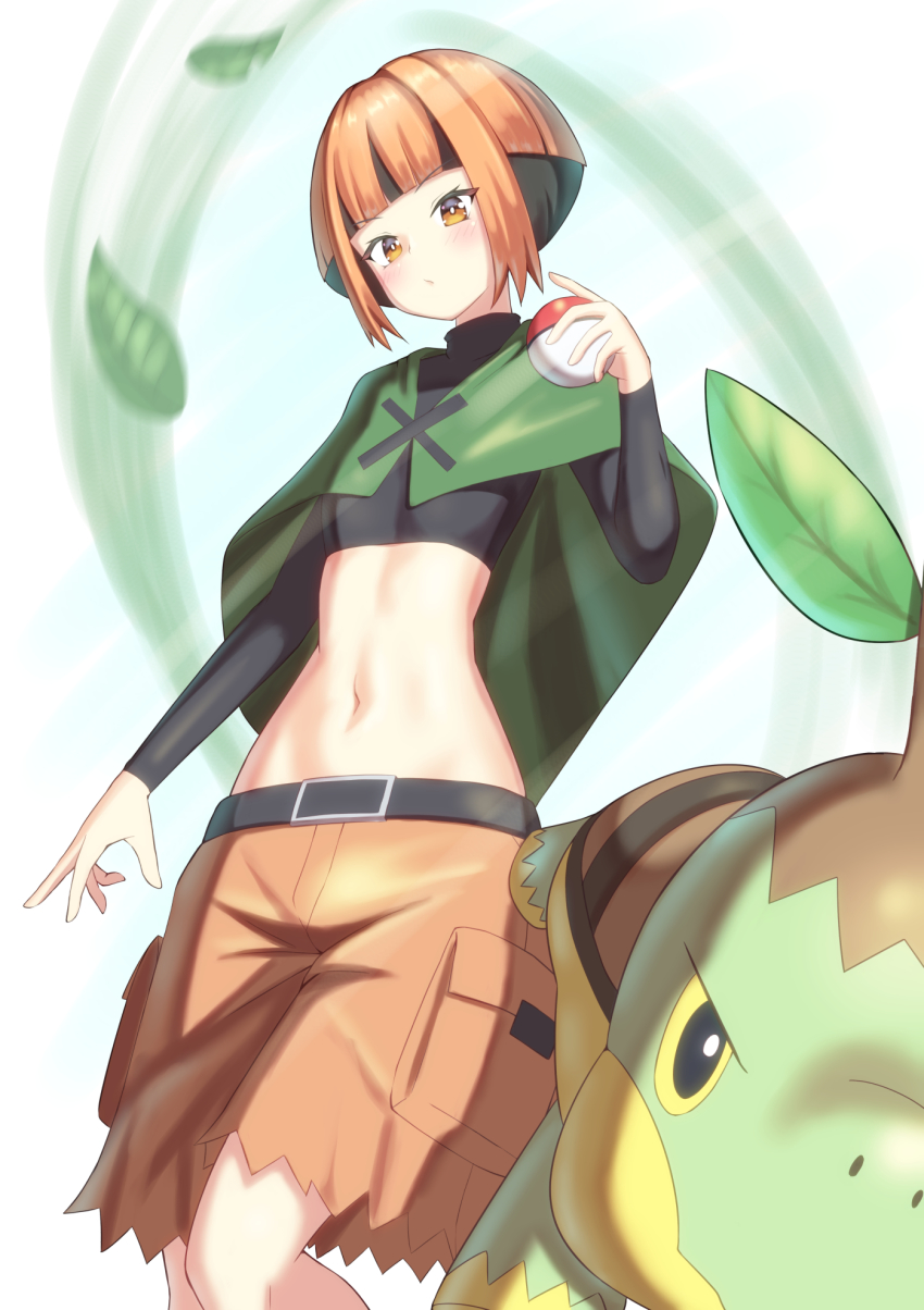 1girl, belt_buckle, blush, buckle, capelet, cargo_shorts, dorai, gardenia_(pokemon)