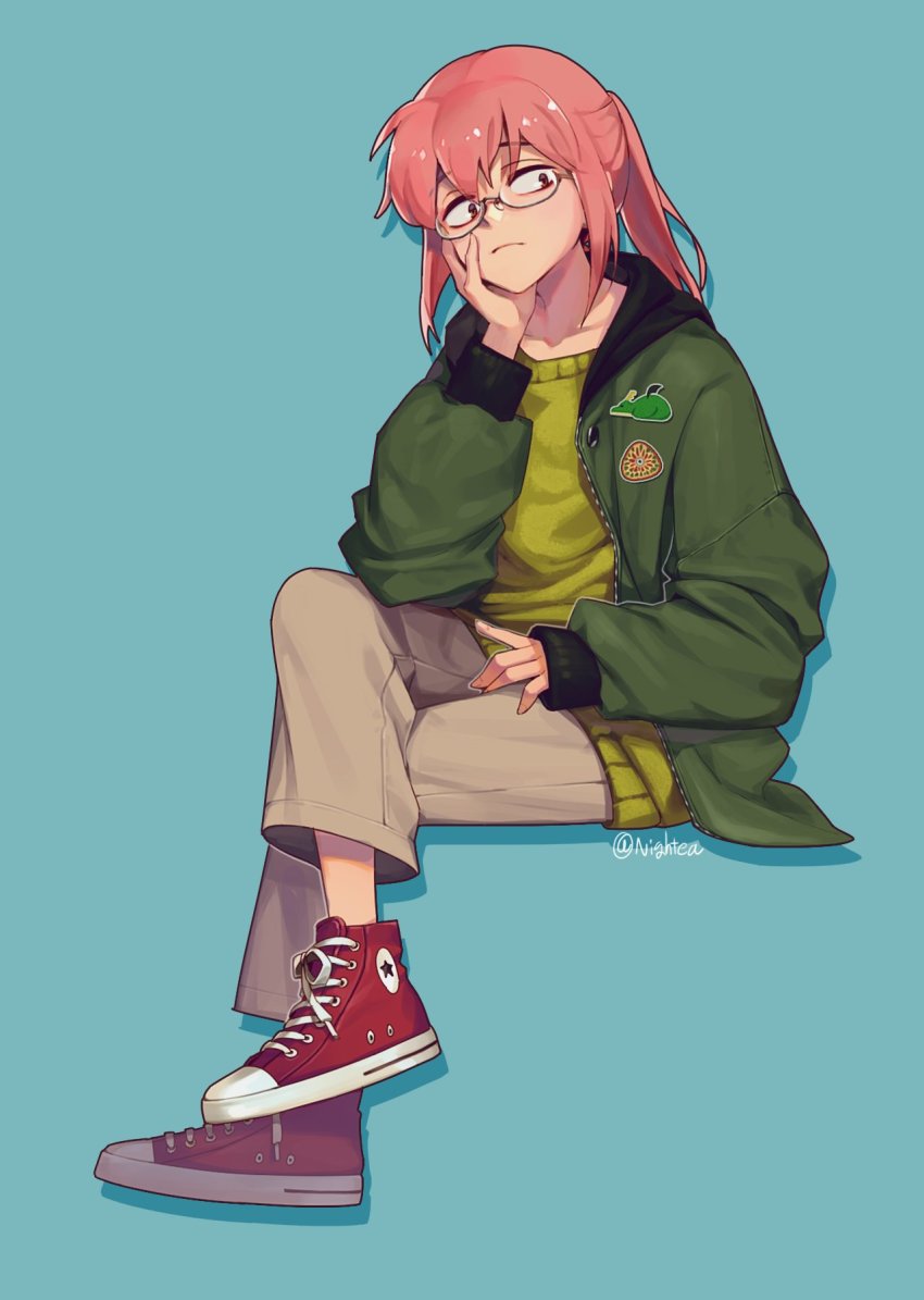 1girl, beige_pants, converse, glasses, green_jacket, hand_on_own_face, highres, jacket