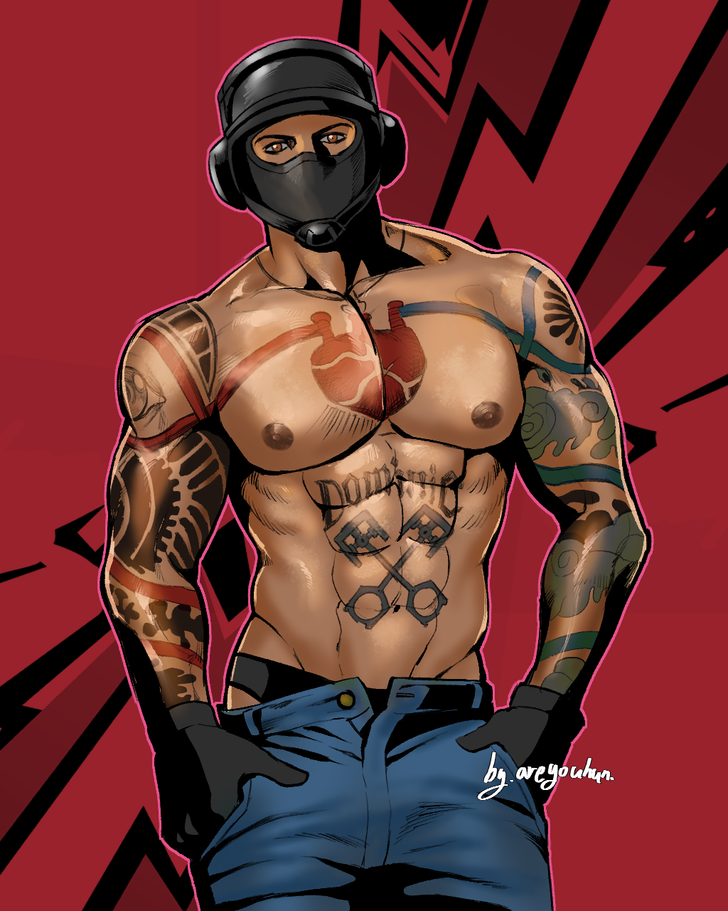 1boy, areyouhun_(sleeplazycat), bandit_(rainbow_six_siege), bara, brown_eyes, dark-skinned_male, dark_skin, denim