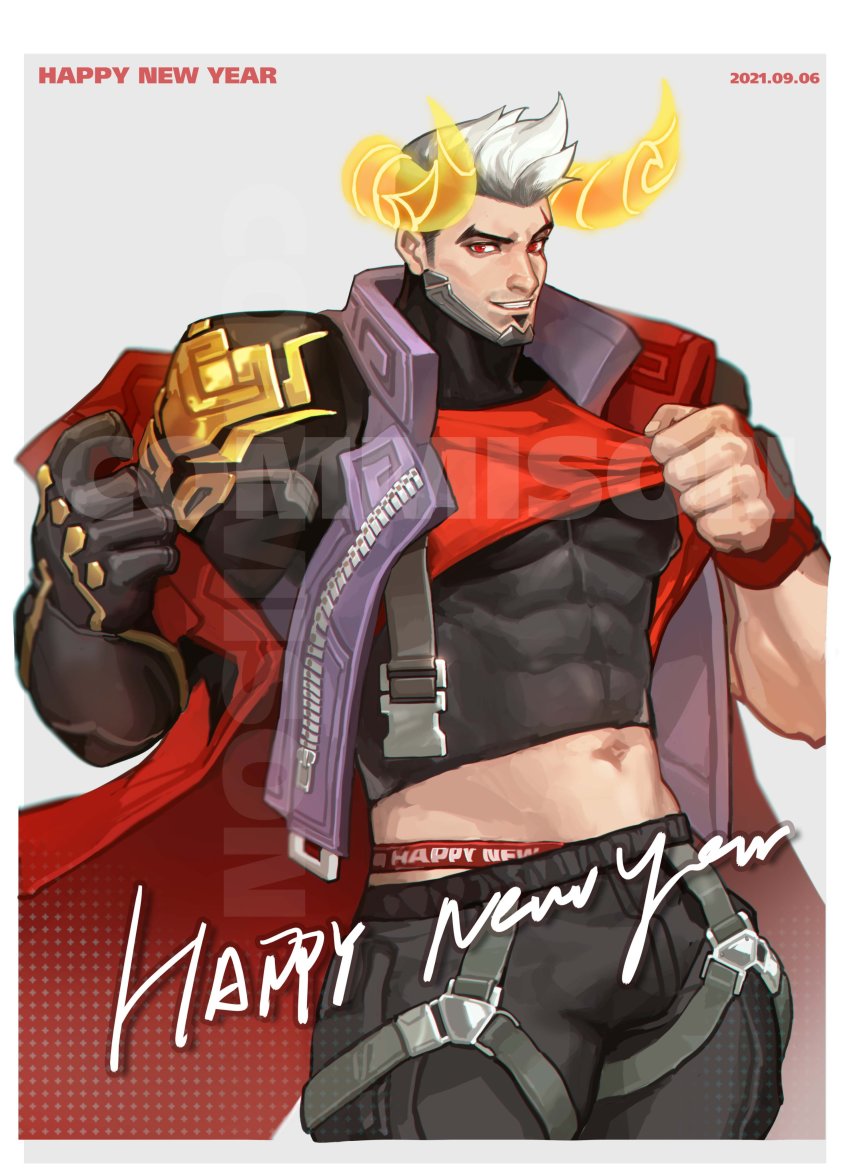 1boy, absurdres, bara, clothes_lift, crop_top, darius_(league_of_legends), fiery_horns, gloves