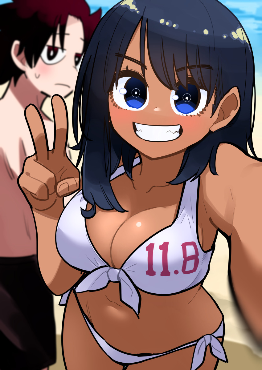 1boy, 1girl, absurdres, beach, bikini, black_hair, black_male_swimwear, black_swim_trunks