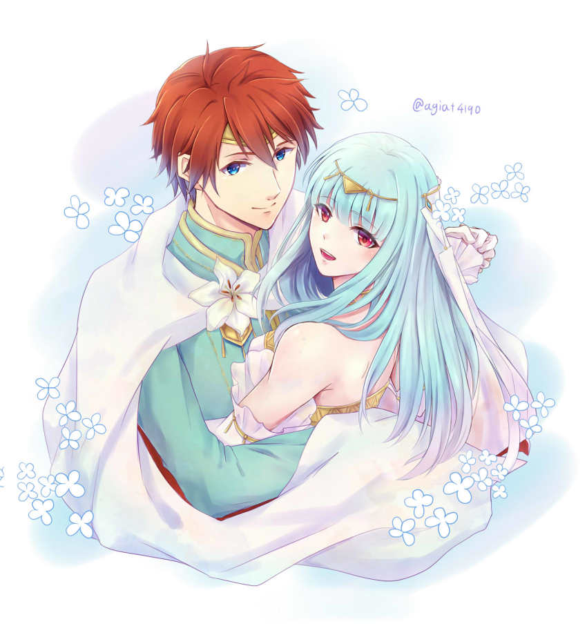 1boy, 1girl, alternate_costume, bare_shoulders, blue_eyes, blue_hair, blue_shirt, bouquet